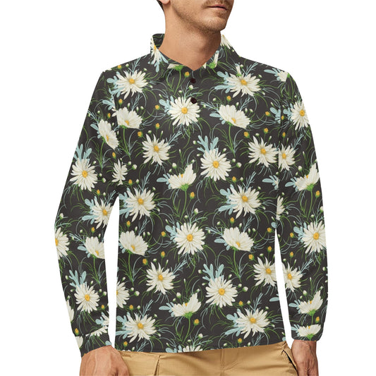 Daisy Pattern Print Design DS08 Long Sleeve Polo Shirt For Men's