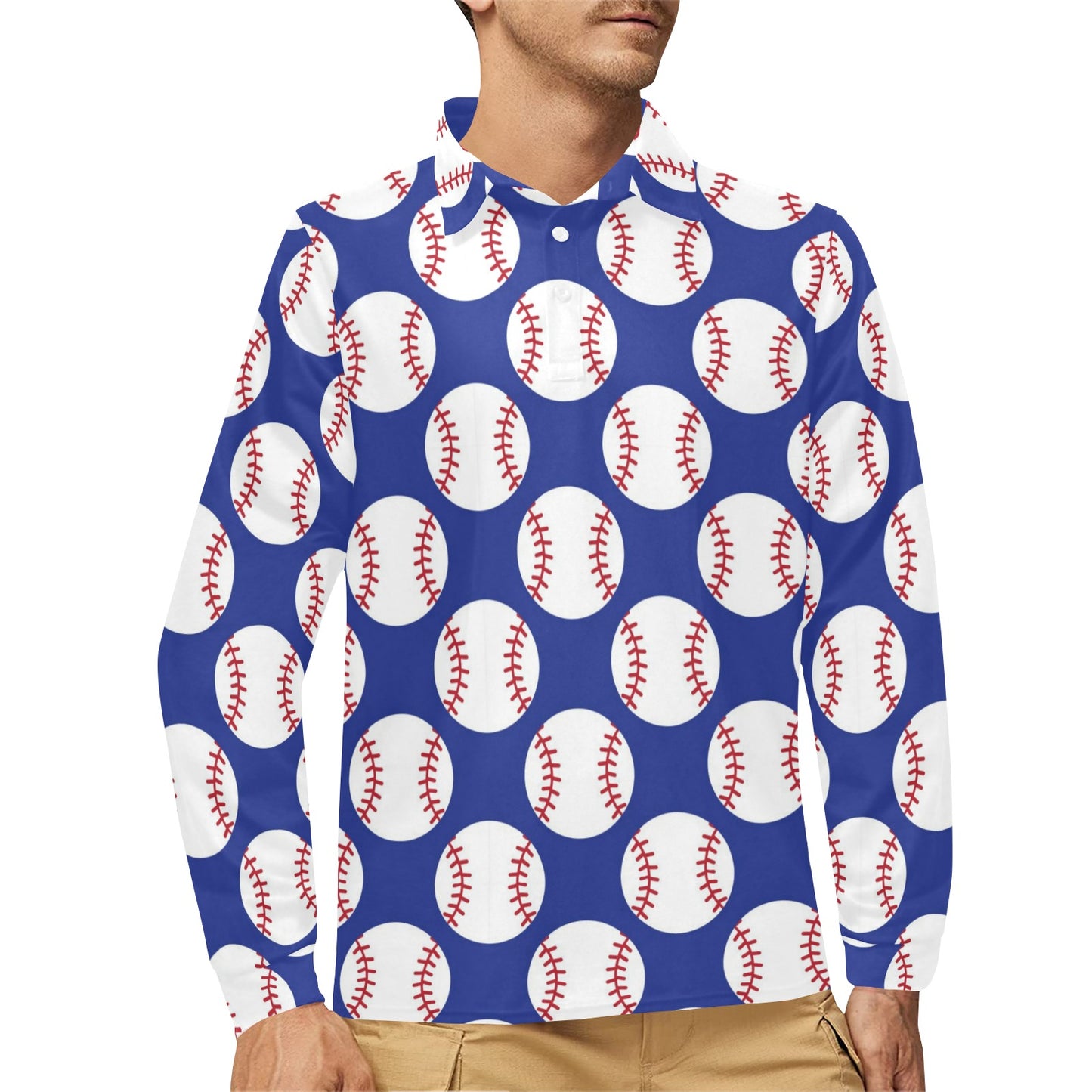 Baseball Blue Background Long Sleeve Polo Shirt For Men's