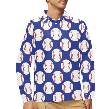 Baseball Blue Background Long Sleeve Polo Shirt For Men's