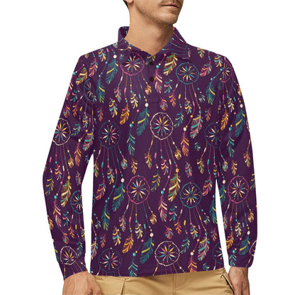 Dream Catcher Boho Design Long Sleeve Polo Shirt For Men's