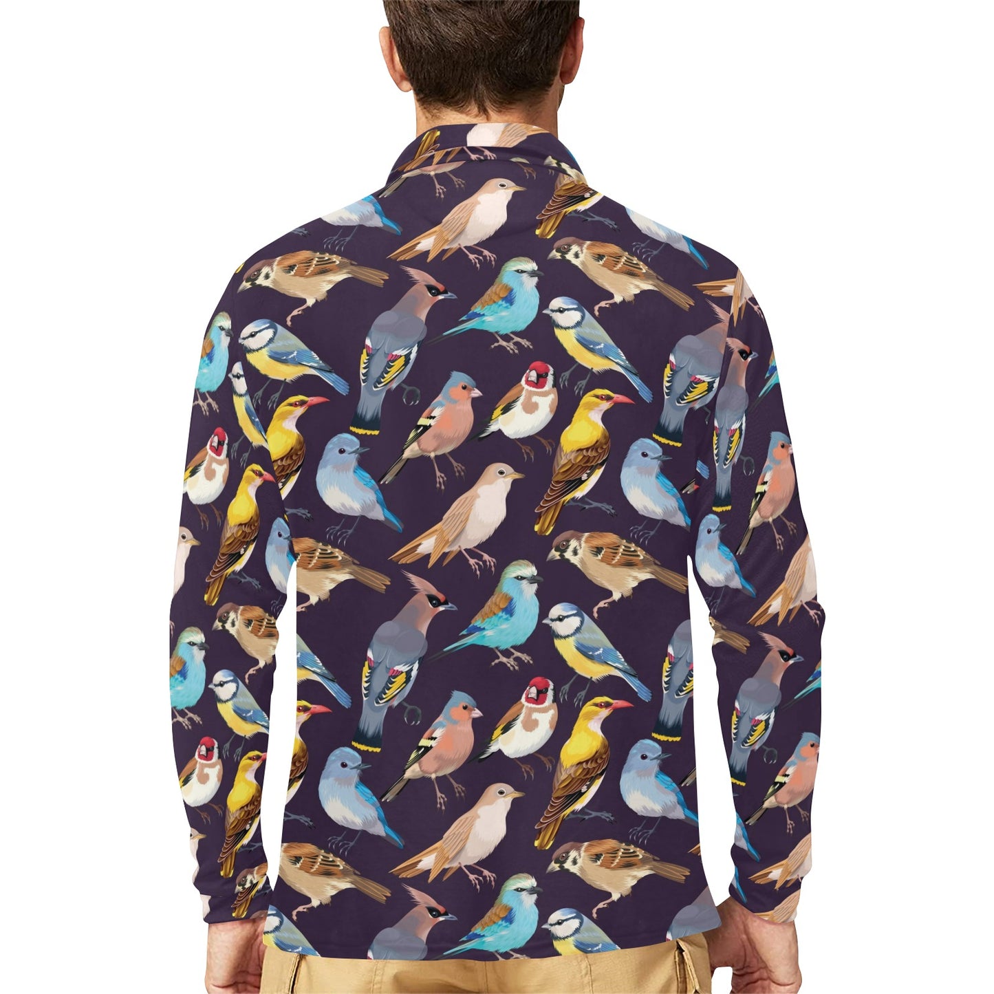 Bird Cute Print Pattern Long Sleeve Polo Shirt For Men's