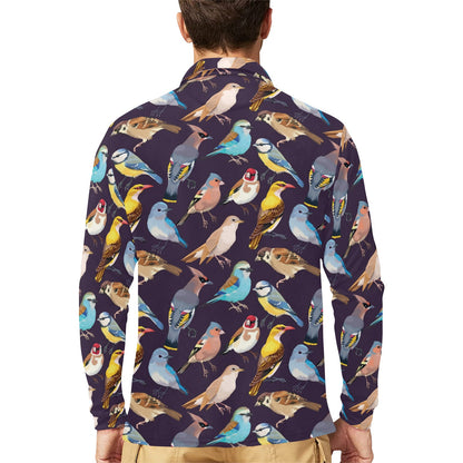 Bird Cute Print Pattern Long Sleeve Polo Shirt For Men's