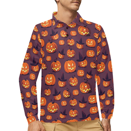 Halloween Pumpkin Pattern Print Design 03 Long Sleeve Polo Shirt For Men's