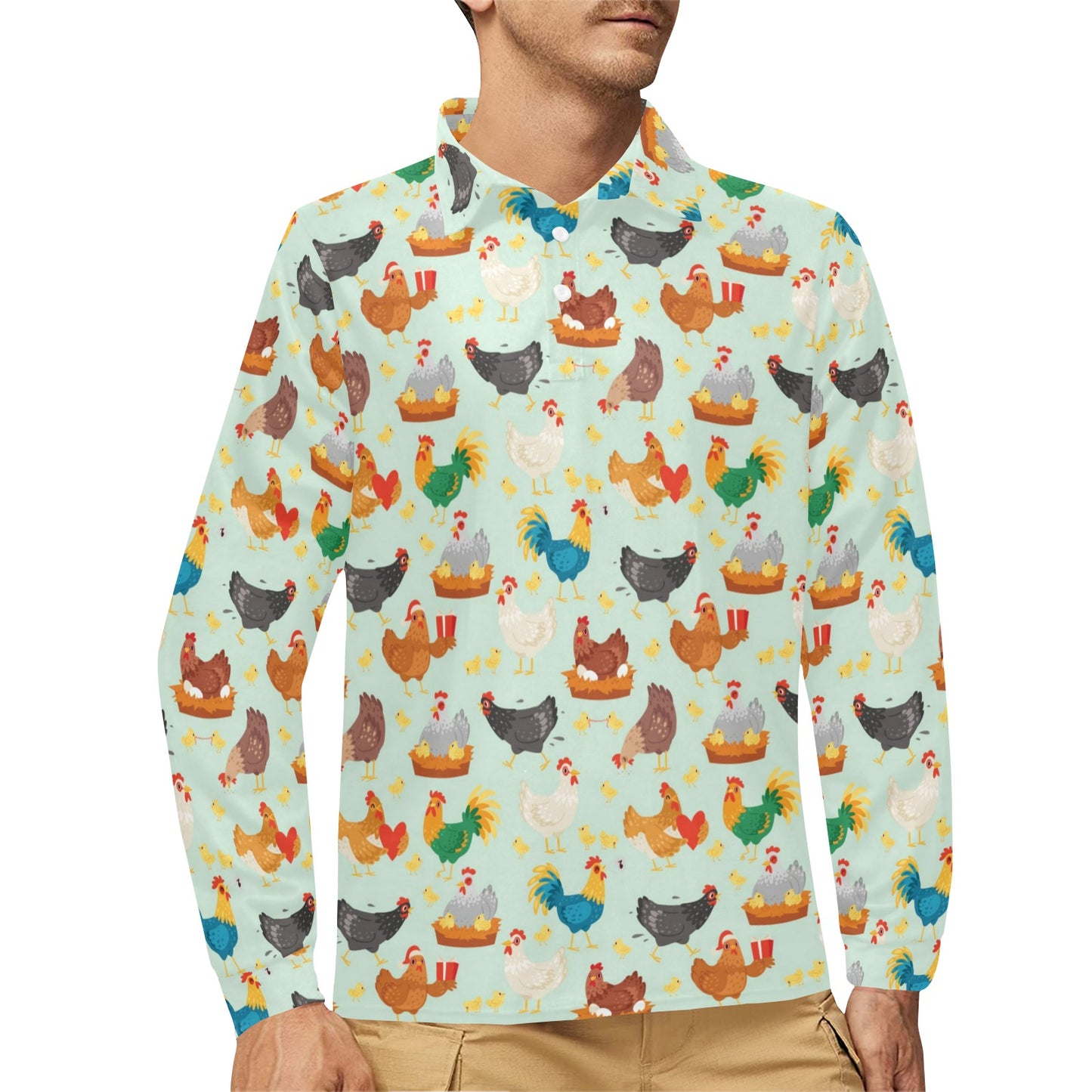 Chicken Pattern Print Design 07 Long Sleeve Polo Shirt For Men's