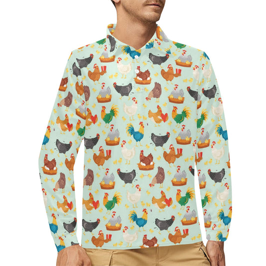 Chicken Pattern Print Design 07 Long Sleeve Polo Shirt For Men's