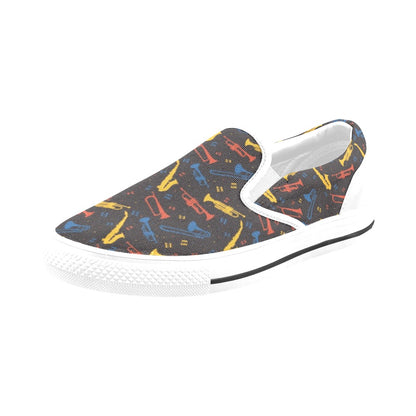 Saxophone Print Design LKS407 White Slip Ons Canvas Women's Shoes