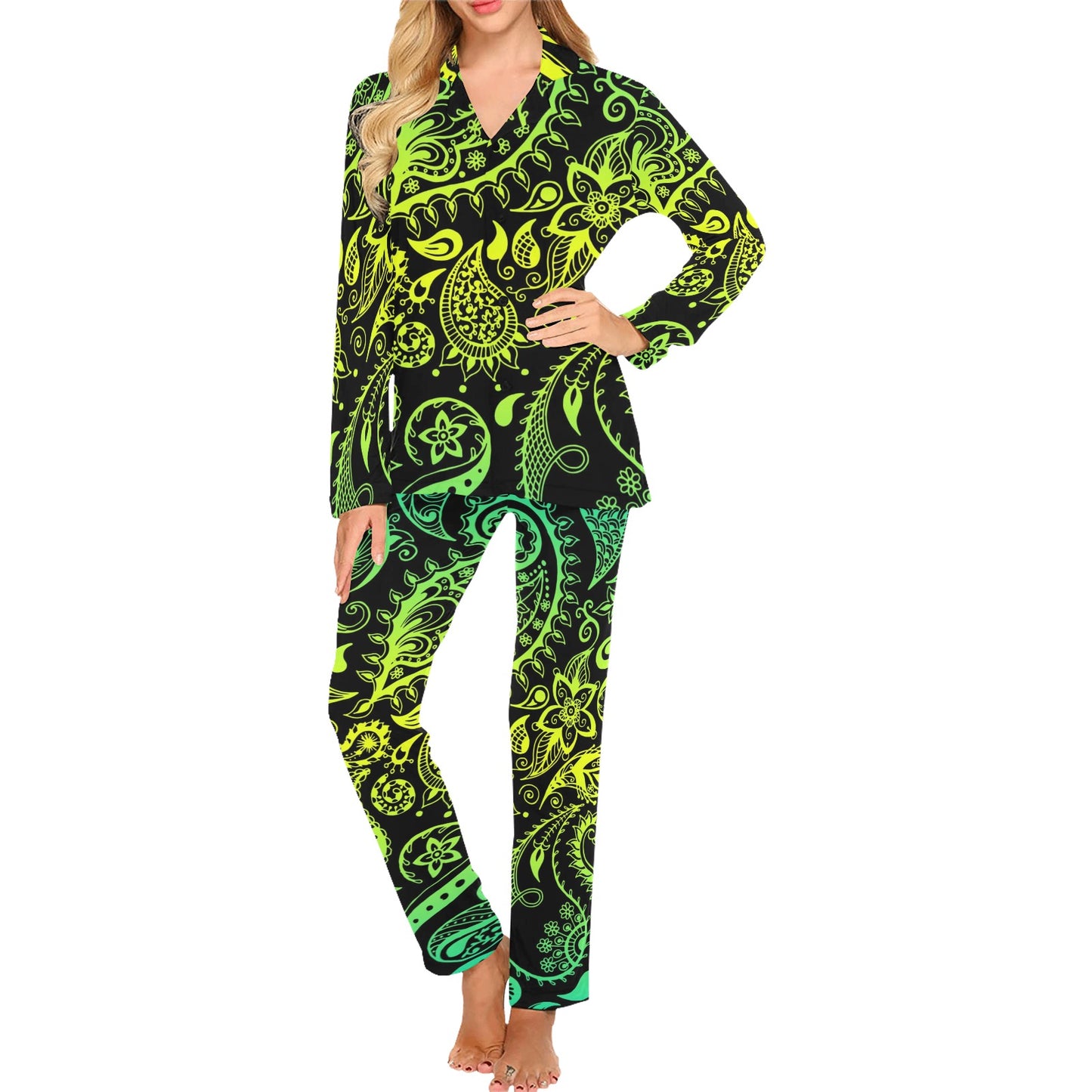 Paisley Green Design Print Women's Long Pajama Set
