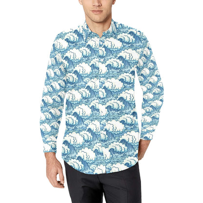Wave Japan Style Print Design LKS304 Men's Long Sleeve Dress Shirt