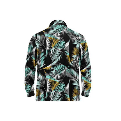 Gold Glitter Cyan Tropical Palm Leaves Long Sleeve Polo Shirt For Men's