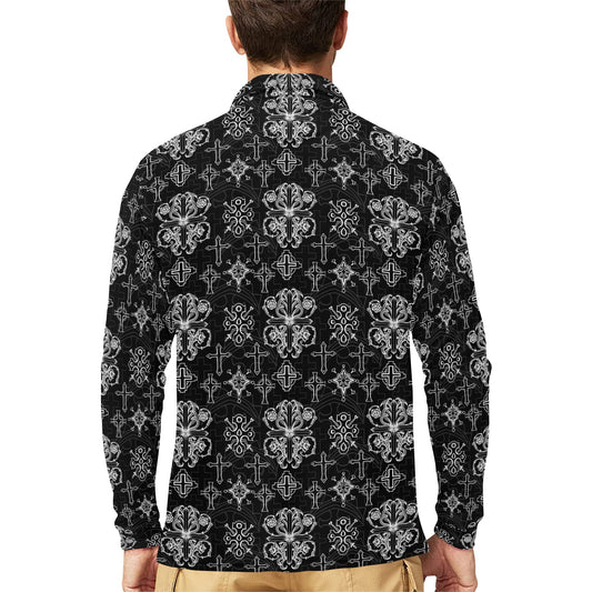 Cross Pattern Print Design 04 Long Sleeve Polo Shirt For Men's