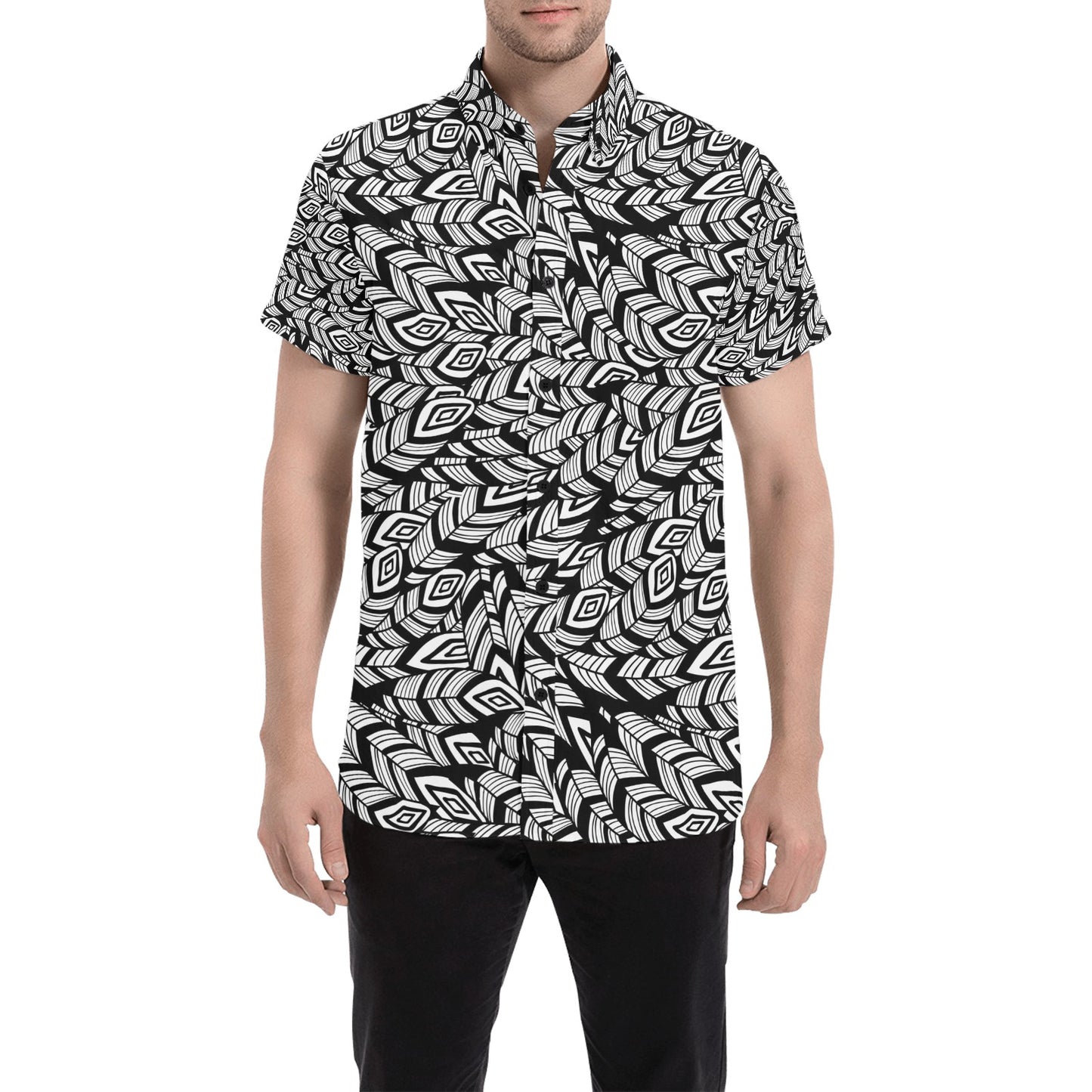 Tribal Pattern Print Design LKS302 Men Short Sleeve Button Up Shirt