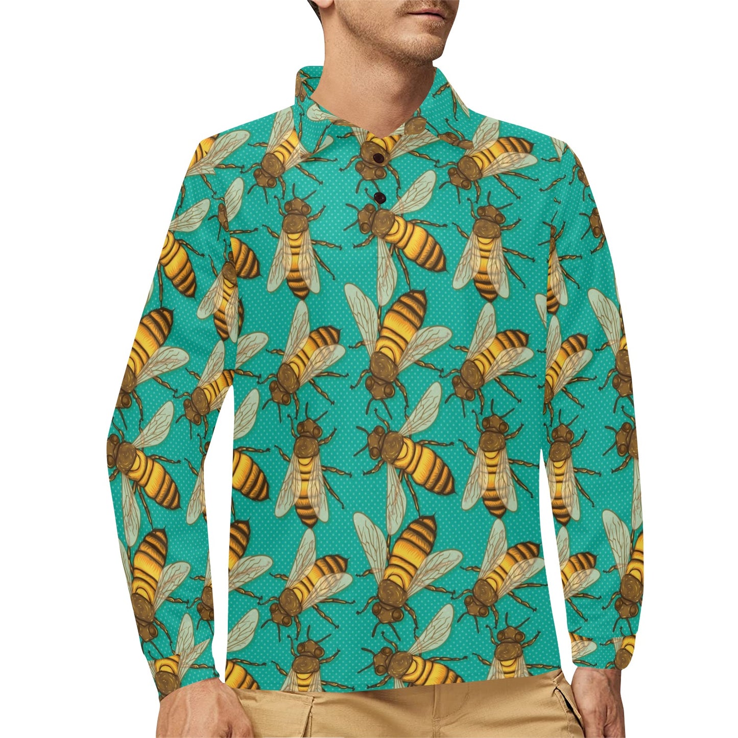 Bee Pattern Print Design BEE04 Long Sleeve Polo Shirt For Men's