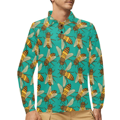 Bee Pattern Print Design BEE04 Long Sleeve Polo Shirt For Men's