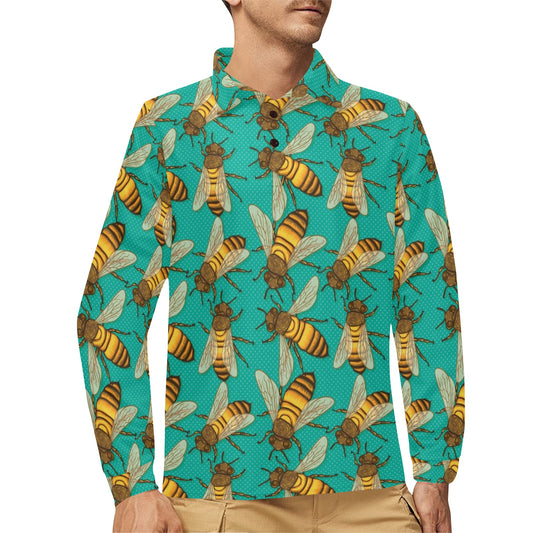 Bee Pattern Print Design BEE04 Long Sleeve Polo Shirt For Men's