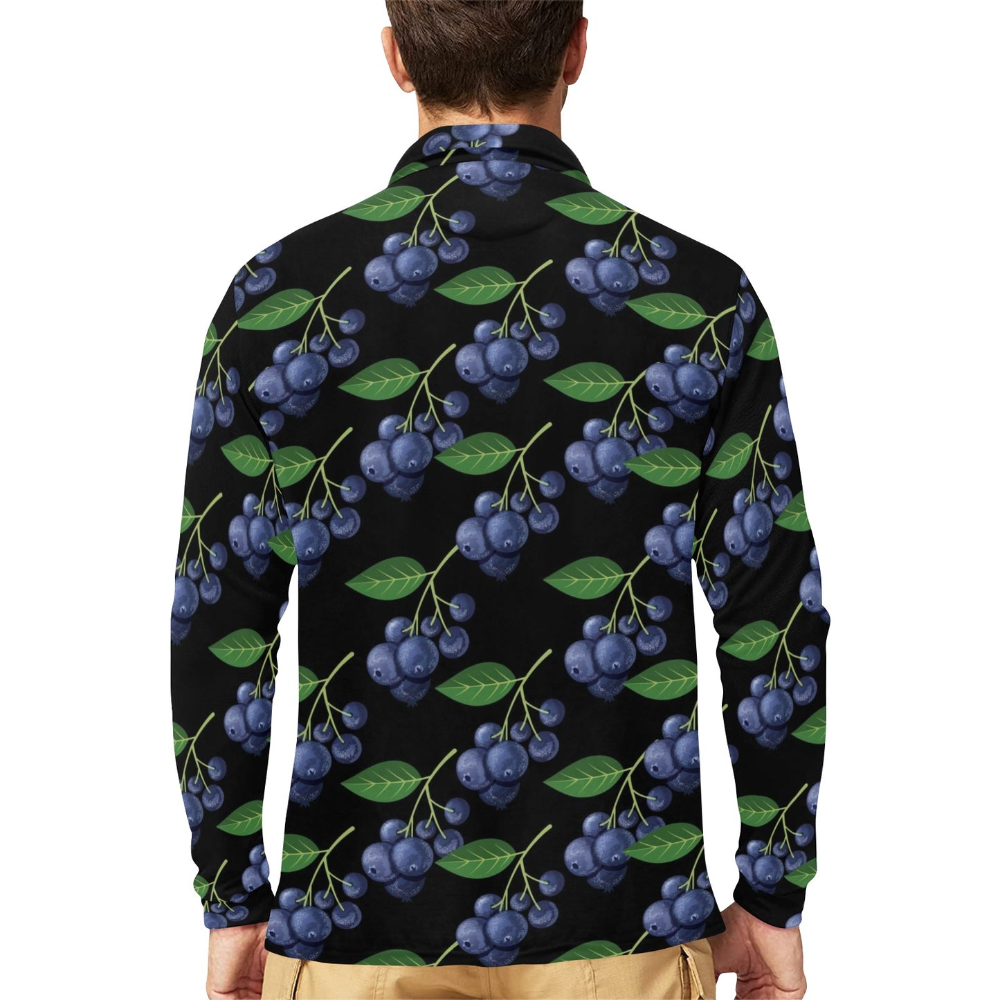 Blueberry Pattern Print Design BB01 Long Sleeve Polo Shirt For Men's
