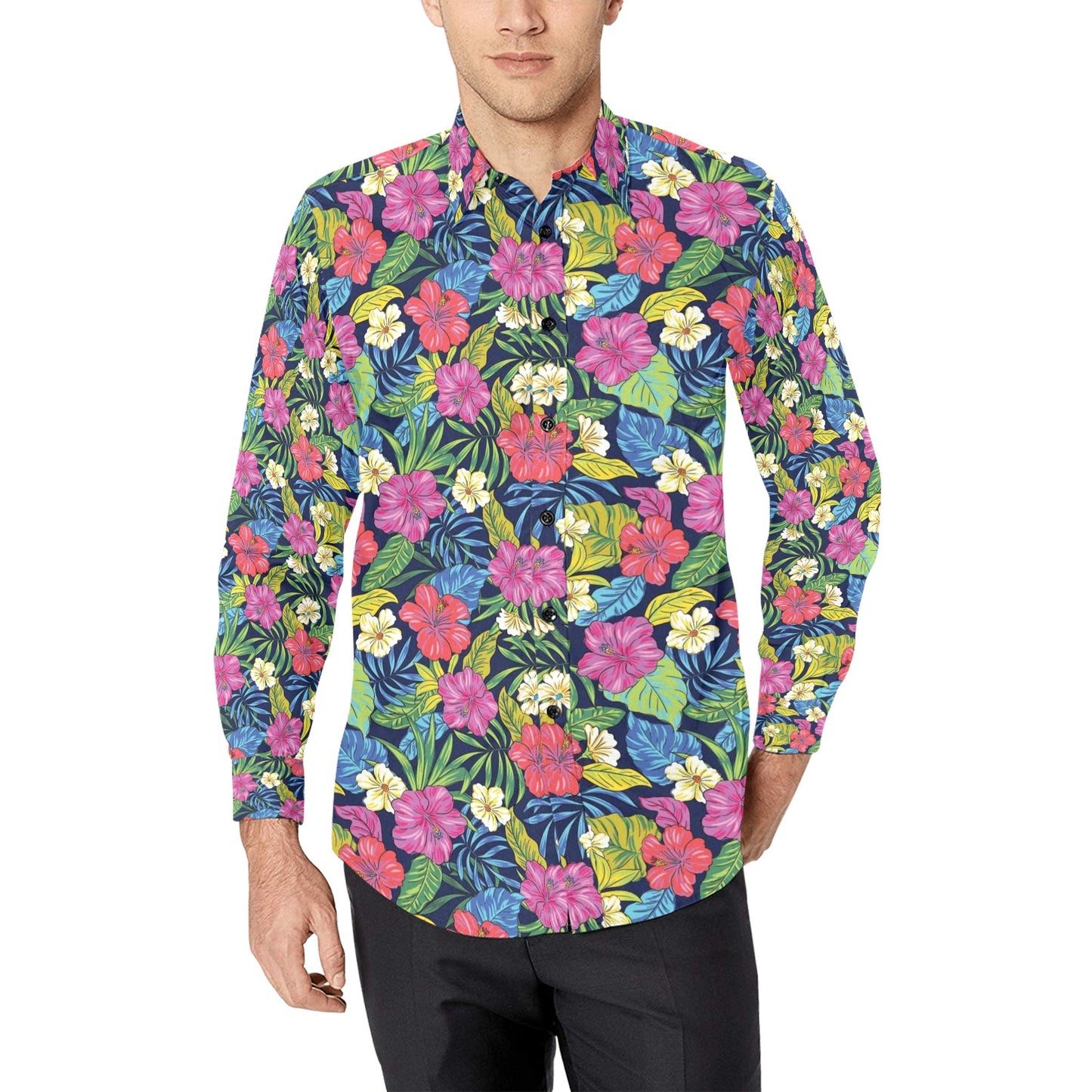 Hibiscus Print Design LKS3010 Men's Long Sleeve Dress Shirt