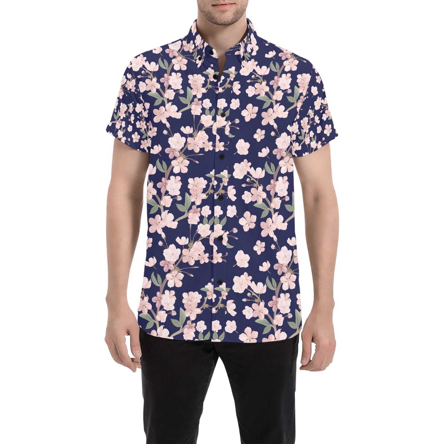Sakura Print Design LKS301 Men Short Sleeve Button Up Shirt
