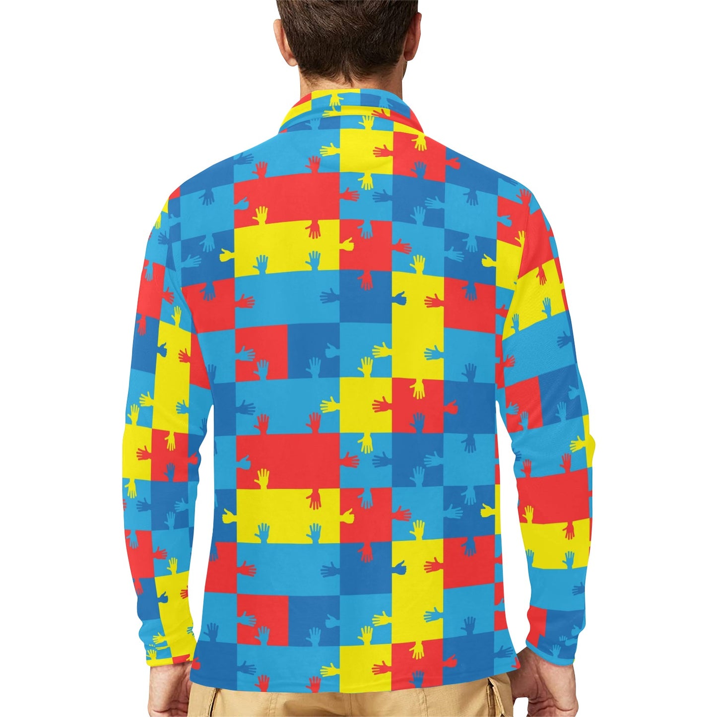 Autism Awareness Design Themed Print Long Sleeve Polo Shirt For Men's