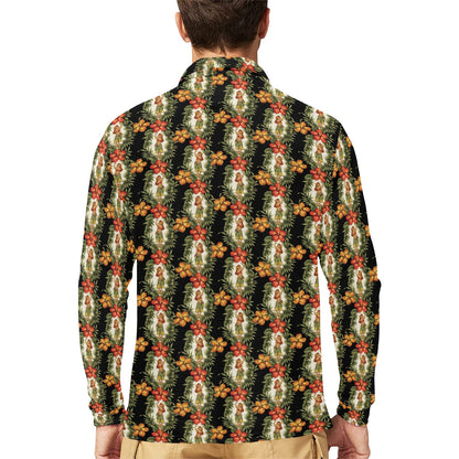 Hawaiian Flower Hula Hibiscus Print Long Sleeve Polo Shirt For Men's