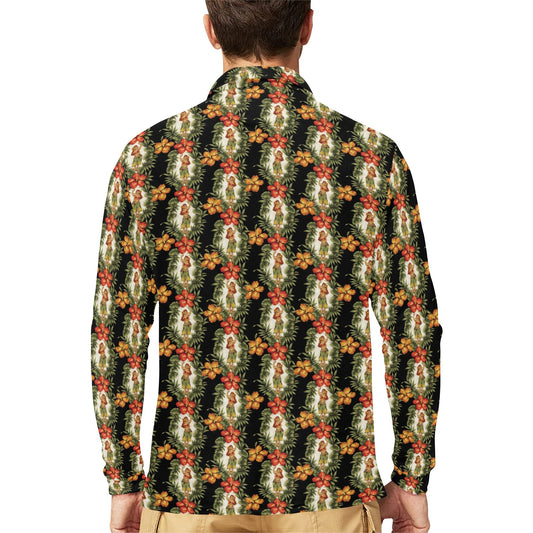 Hawaiian Flower Hula Hibiscus Print Long Sleeve Polo Shirt For Men's