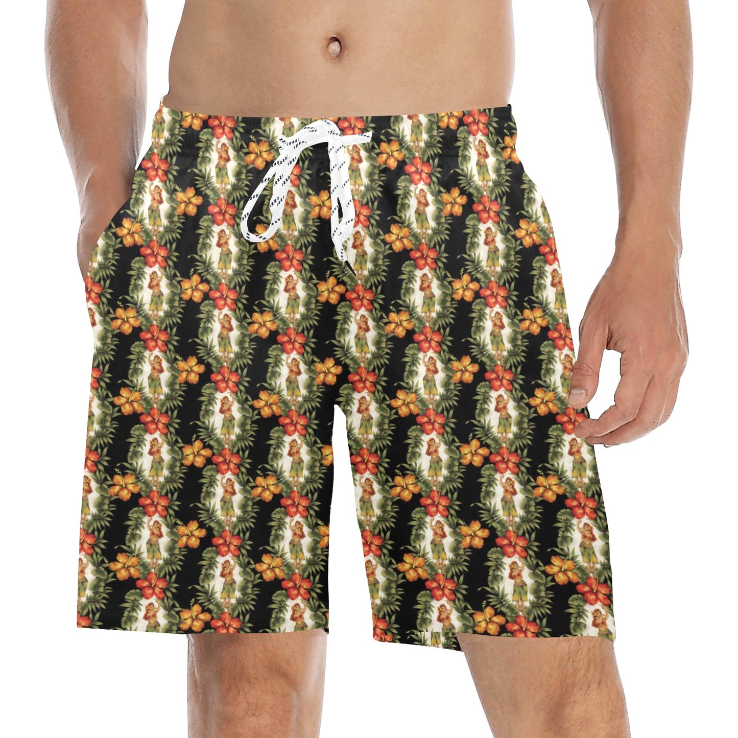 Hawaiian Flower Hula Hibiscus Print Men's Swim Trunks Beach Shorts