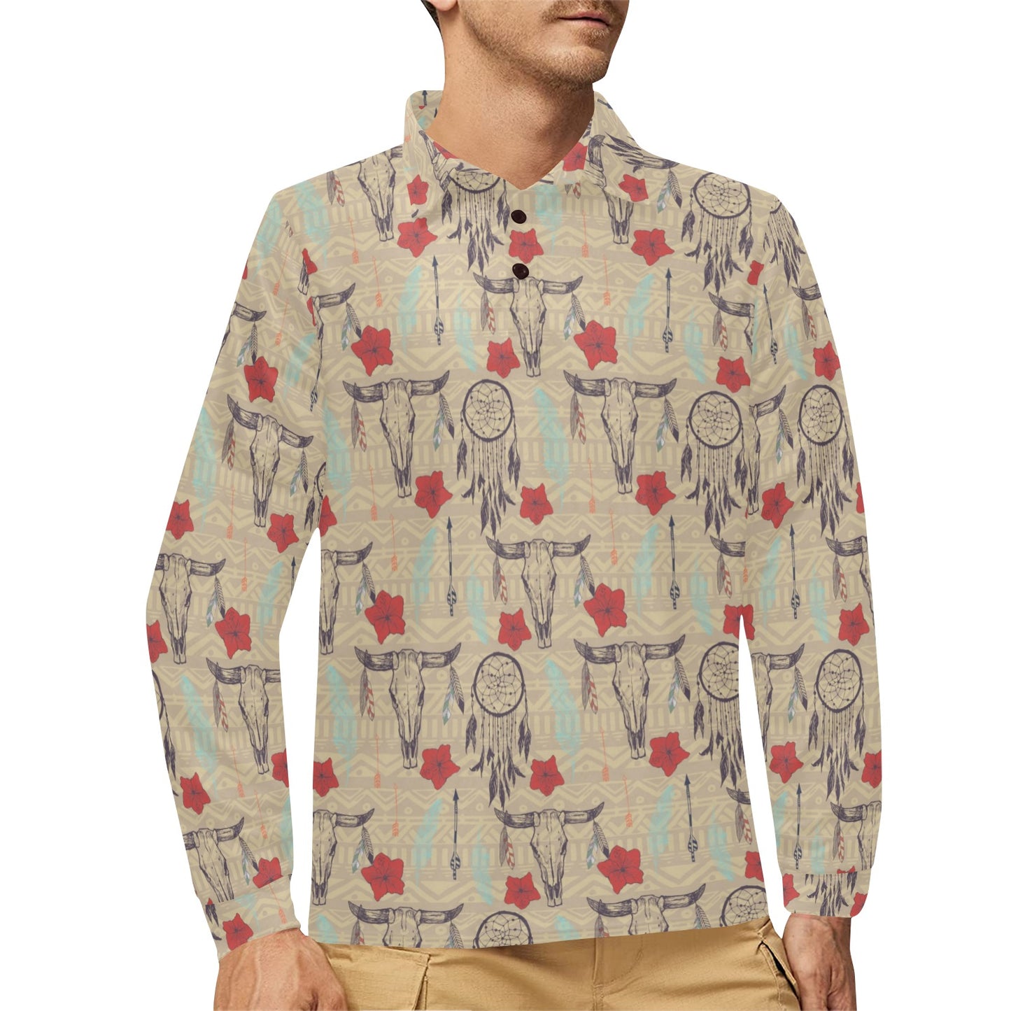 Native Buffalo Head Themed Design Print Long Sleeve Polo Shirt For Men's