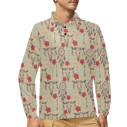 Native Buffalo Head Themed Design Print Long Sleeve Polo Shirt For Men's