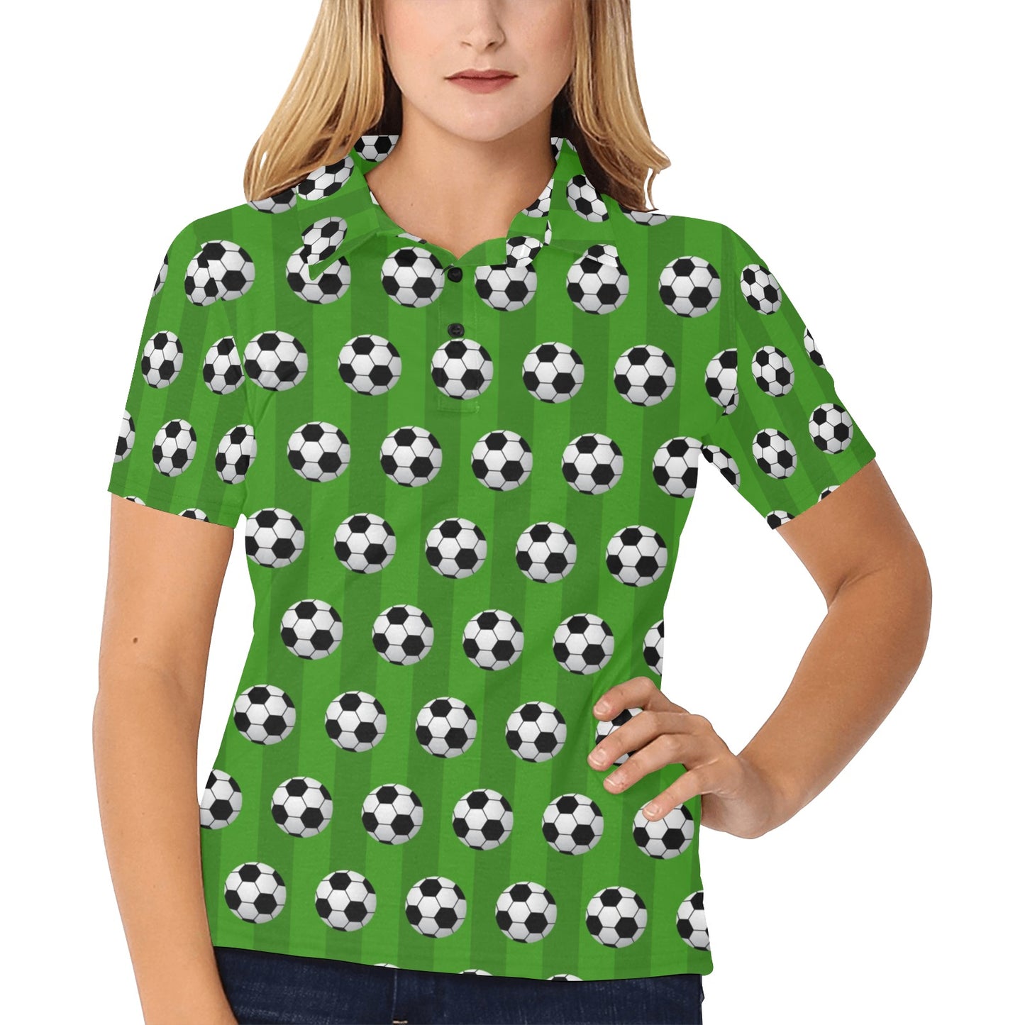 Soccer Ball Green Backgrpund Print Women's Polo Shirt