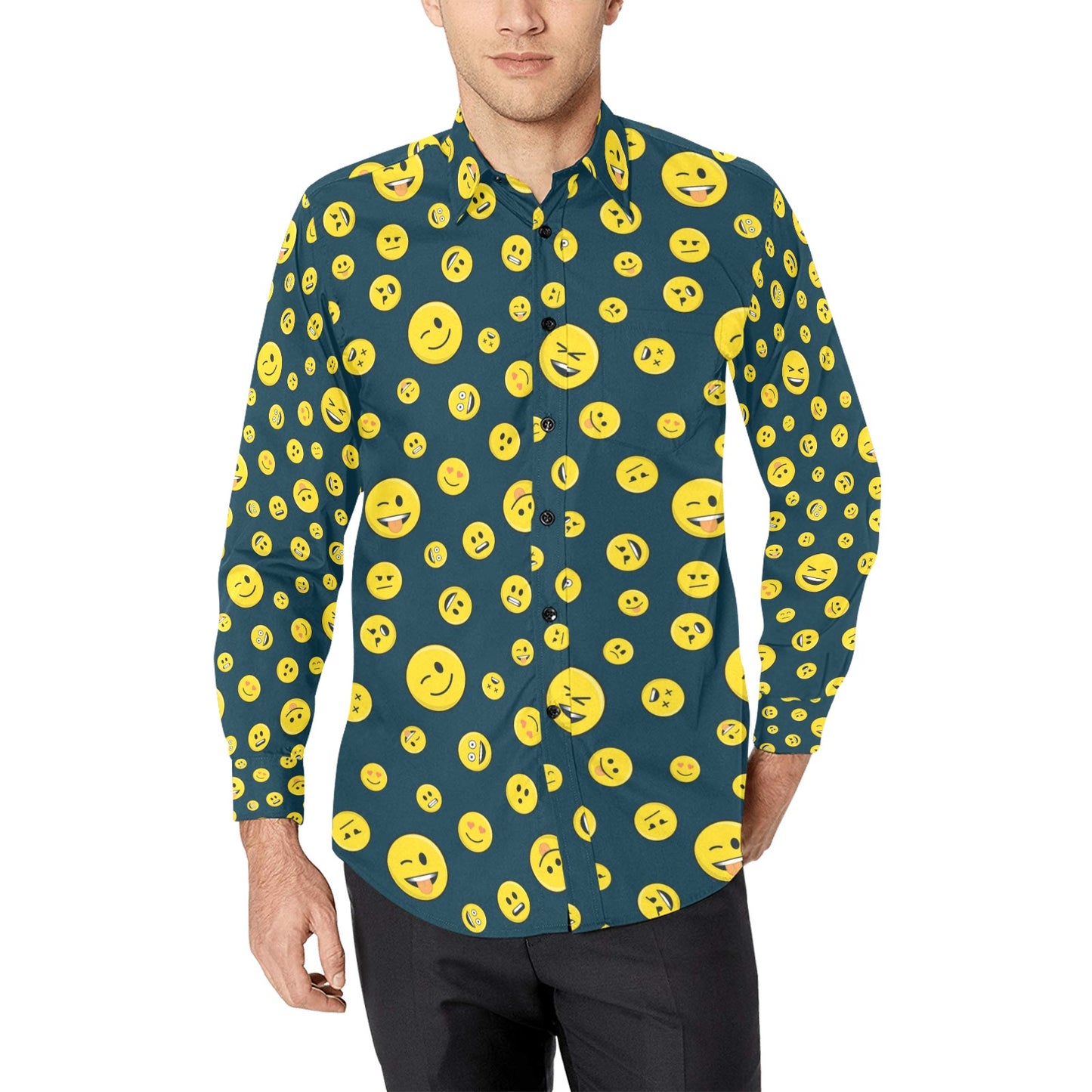Smiley Face Emoji Print Design LKS301 Men's Long Sleeve Dress Shirt