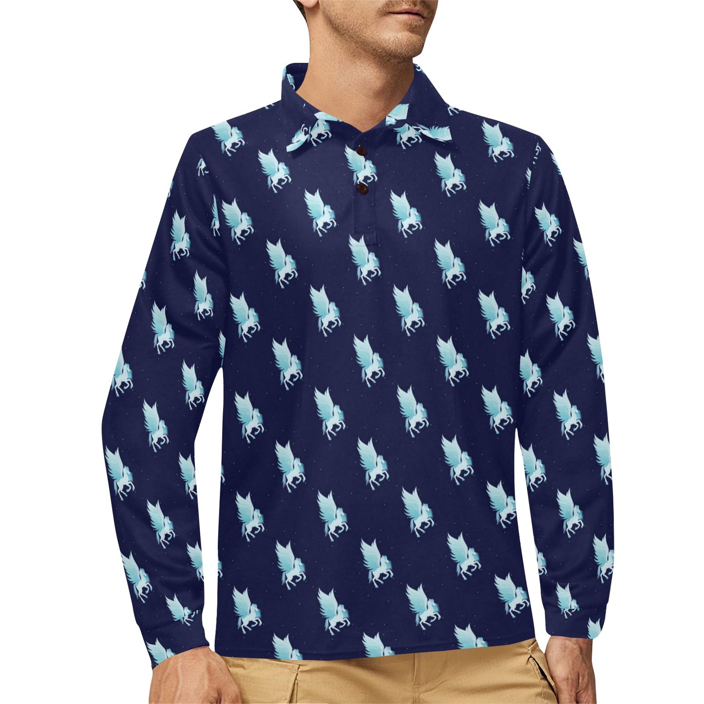 Pegasus Pattern Print Design 03 Long Sleeve Polo Shirt For Men's