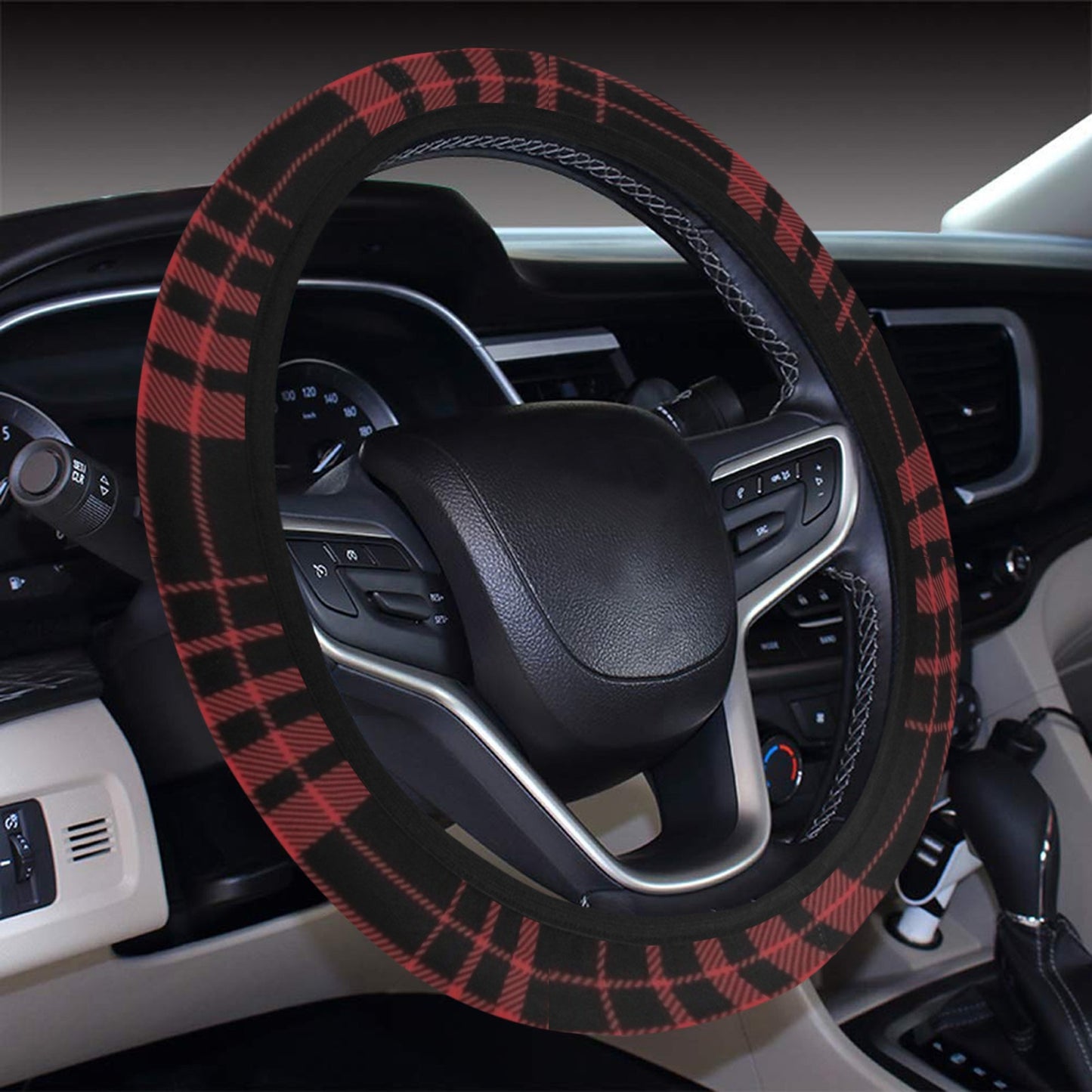 Tartan Red Black Print Design LKS303 Steering Wheel Cover with Elastic Edge