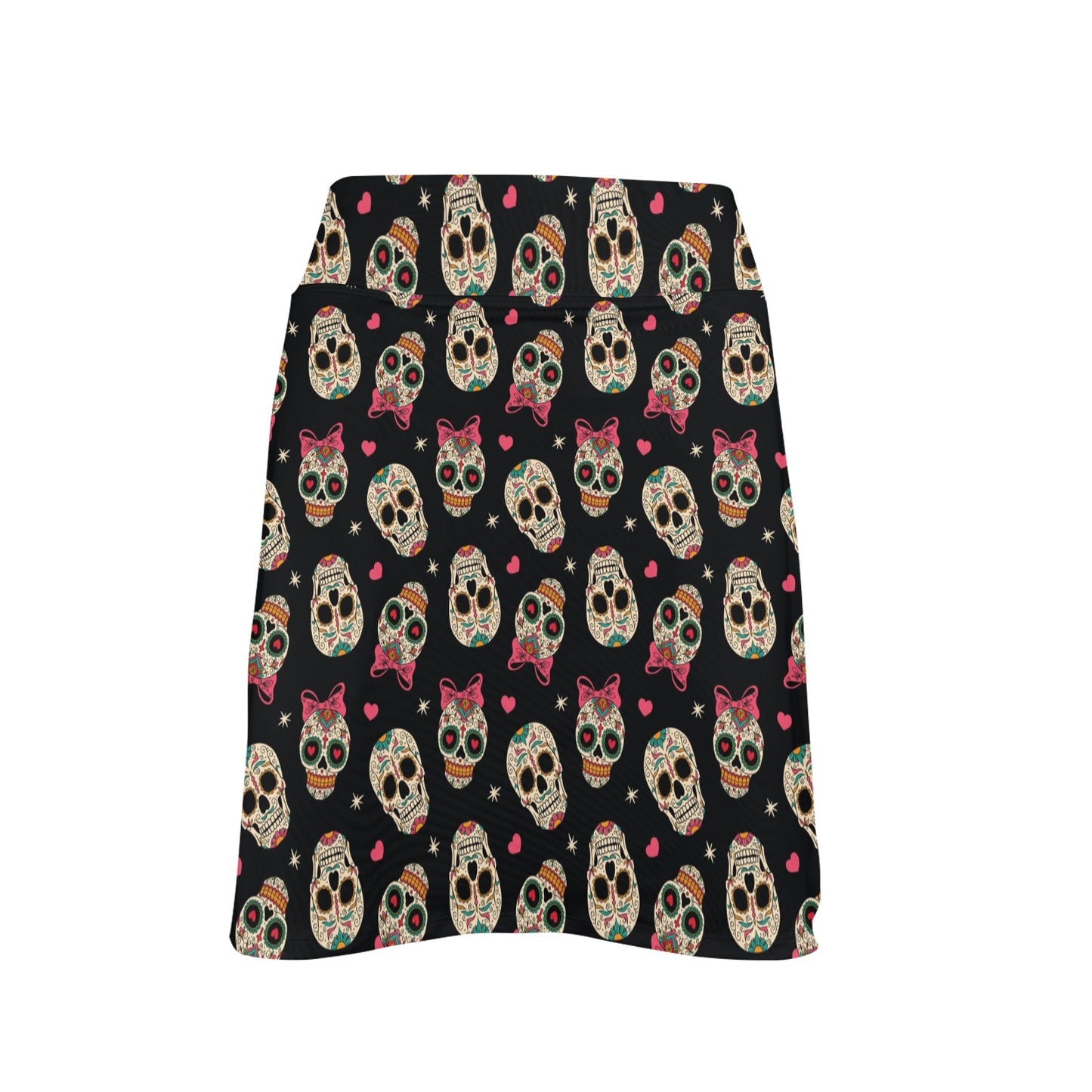 Sugar Skull Pink Bow Themed Print 17" Golf & Pickleball Skort with Pockets