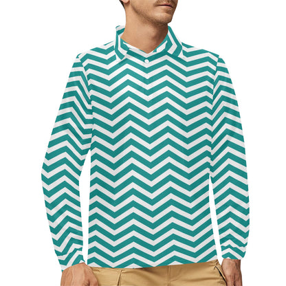 Chevron Teal Pattern Print Design 02 Long Sleeve Polo Shirt For Men's