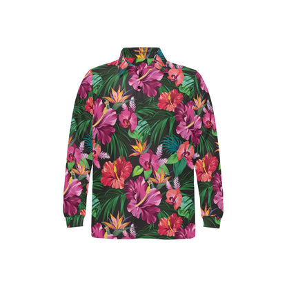 Hawaiian Flower Hibiscus tropical Long Sleeve Polo Shirt For Men's
