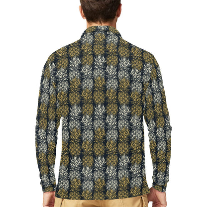 Pineapple Print Design Pattern Long Sleeve Polo Shirt For Men's