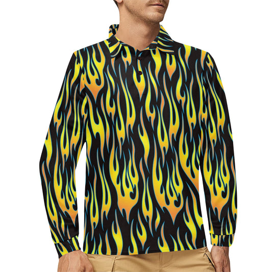 Flame Fire Yellow Pattern Long Sleeve Polo Shirt For Men's