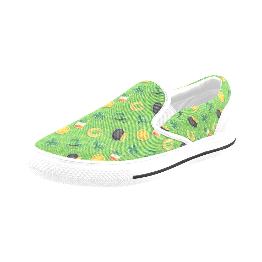 Shamrock Saint Patrick's Day Print Design LKS302 White Slip Ons Canvas Women's Shoes