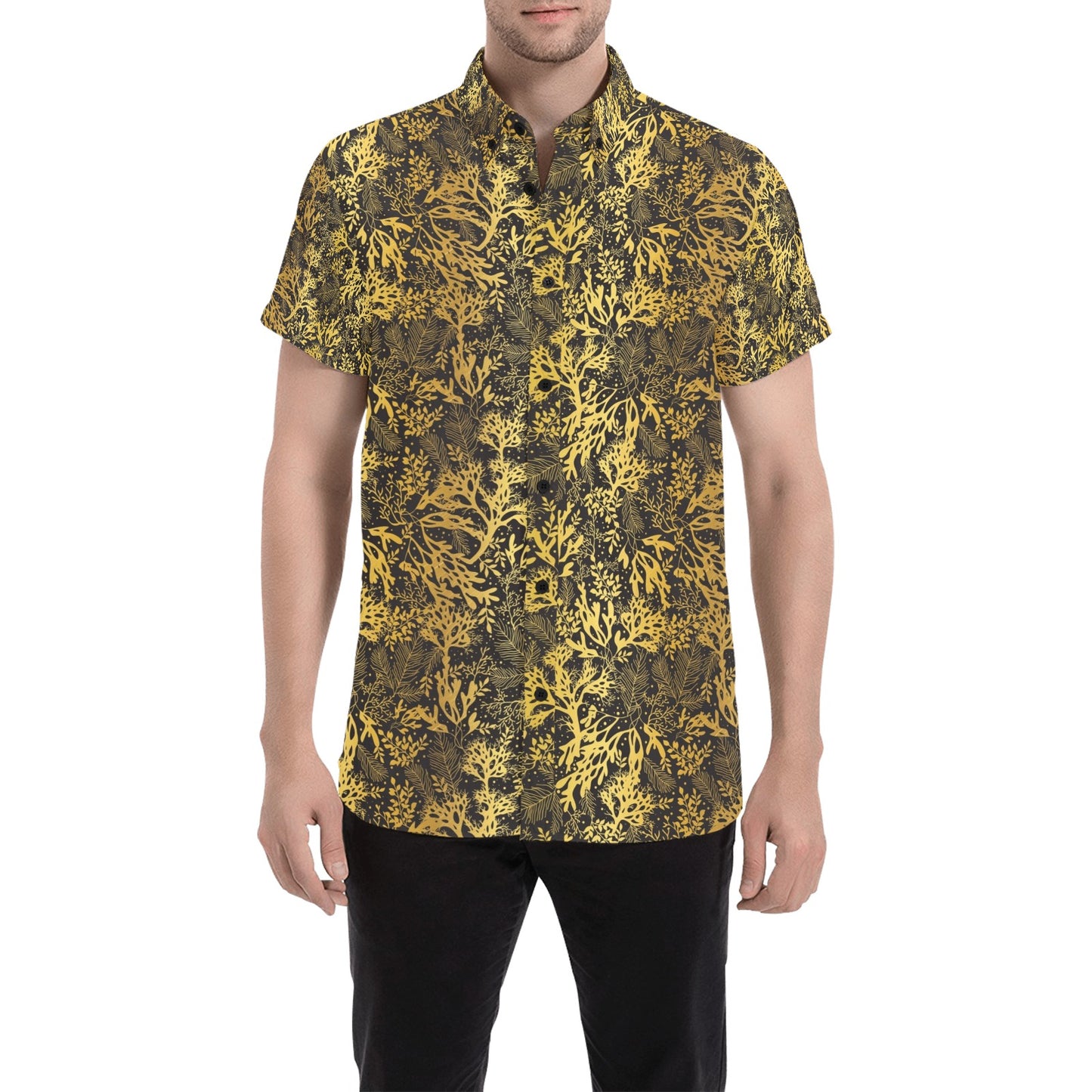 Seaweed Print Design LKS303 Men Short Sleeve Button Up Shirt