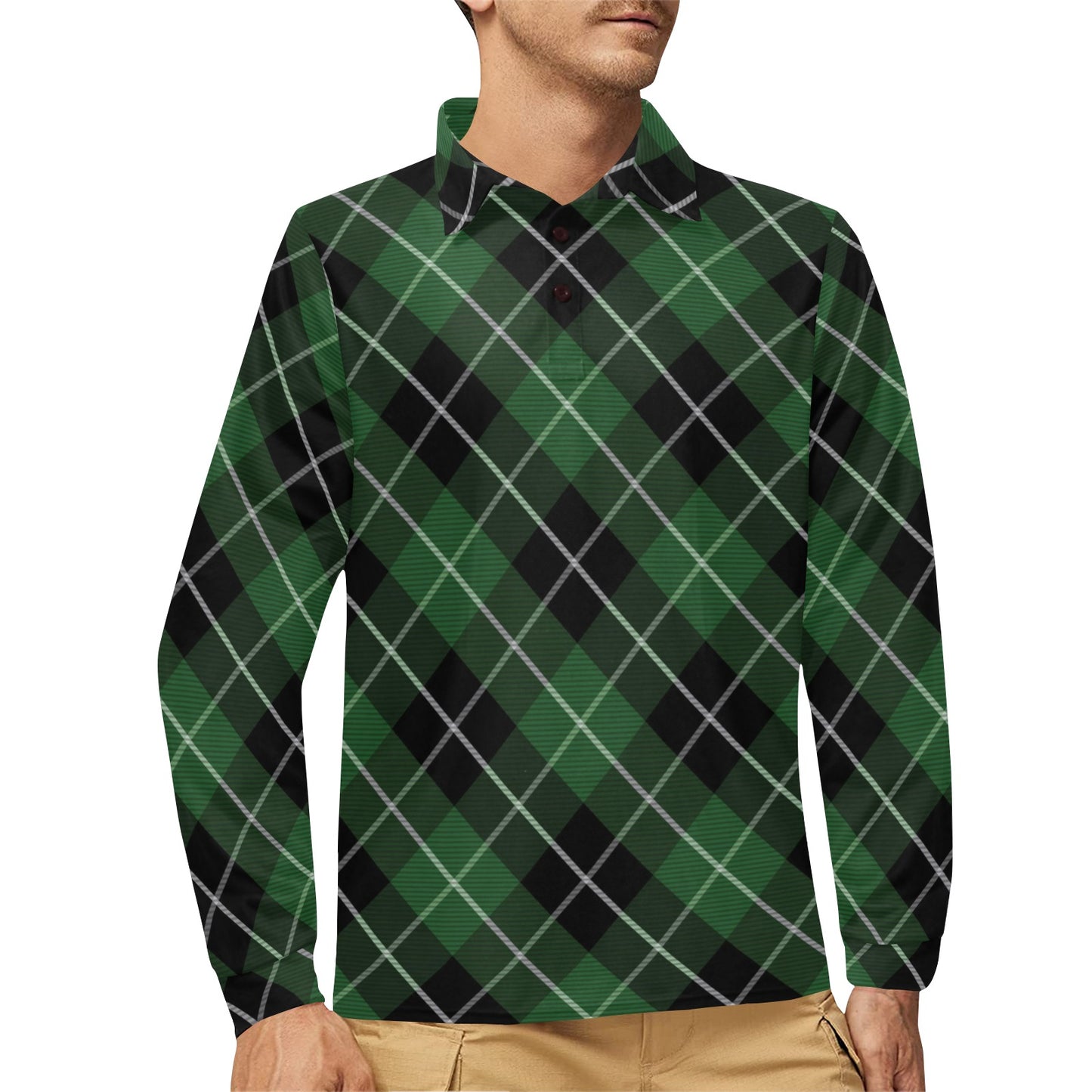 Plaid Green Pattern Print Design A05 Long Sleeve Polo Shirt For Men's