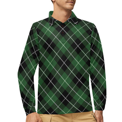 Plaid Green Pattern Print Design A05 Long Sleeve Polo Shirt For Men's