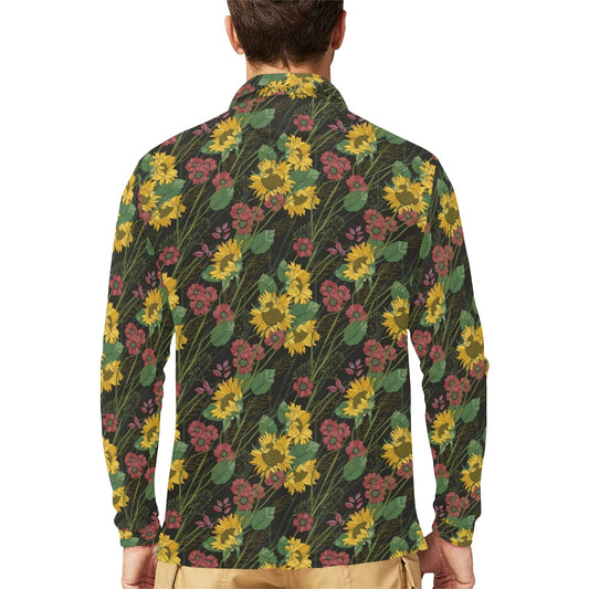 Sunflower Print Design LKS303 Long Sleeve Polo Shirt For Men's