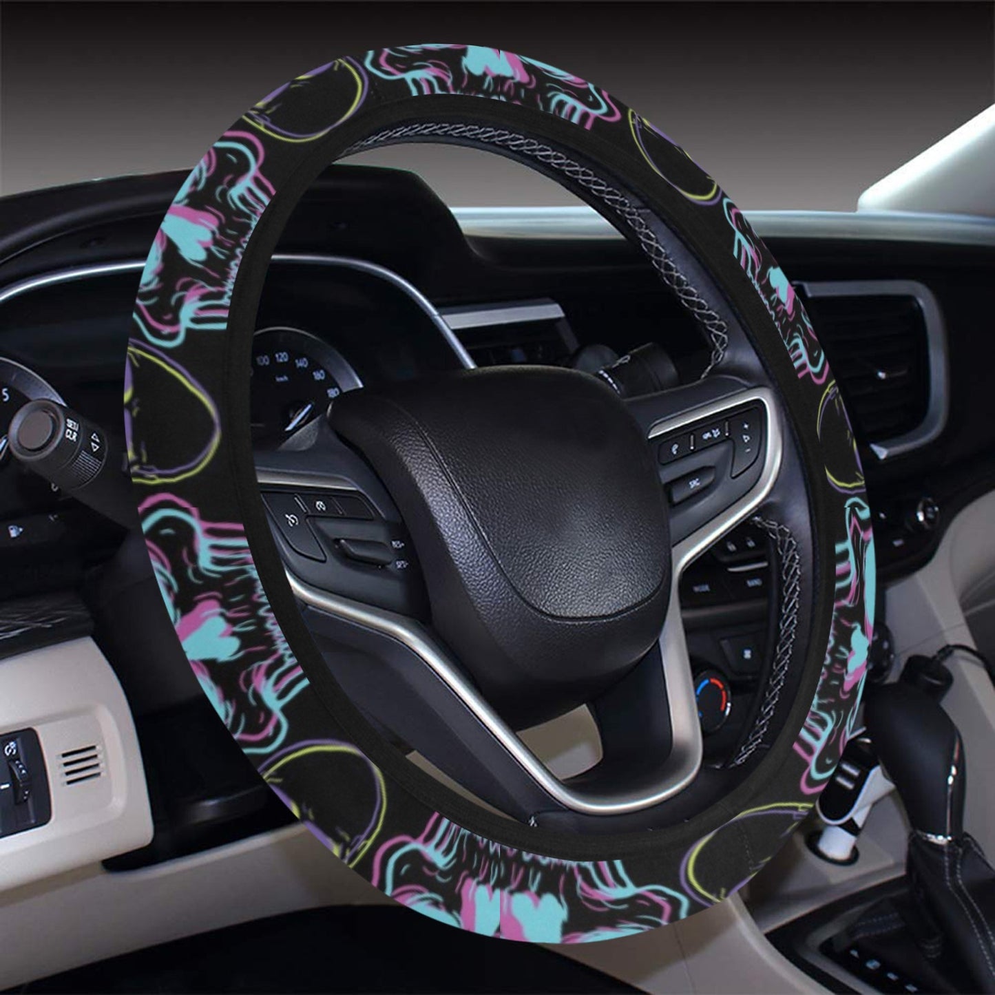 Skull 3D Colorful Print Design LKS309 Steering Wheel Cover with Elastic Edge