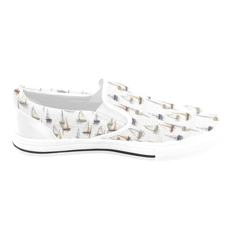 Sailboat Paint Pattern Print Design LKS307 White Slip Ons Canvas Women's Shoes