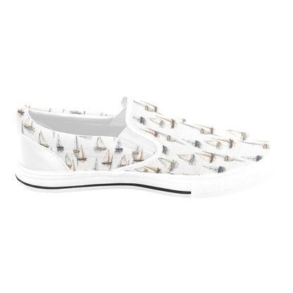 Sailboat Paint Pattern Print Design LKS307 White Slip Ons Canvas Women's Shoes