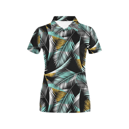 Gold Glitter Cyan Tropical Palm Leaves Women's Polo Shirt