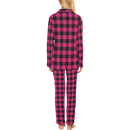 Pink Tartan Plaid Pattern Women's Long Pajama Set