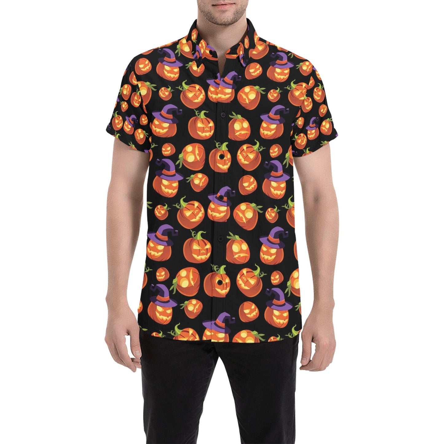 Witch Pumpkin Halloween Print LKS302 Men Short Sleeve Button Up Shirt