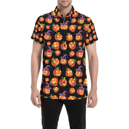 Witch Pumpkin Halloween Print LKS302 Men Short Sleeve Button Up Shirt