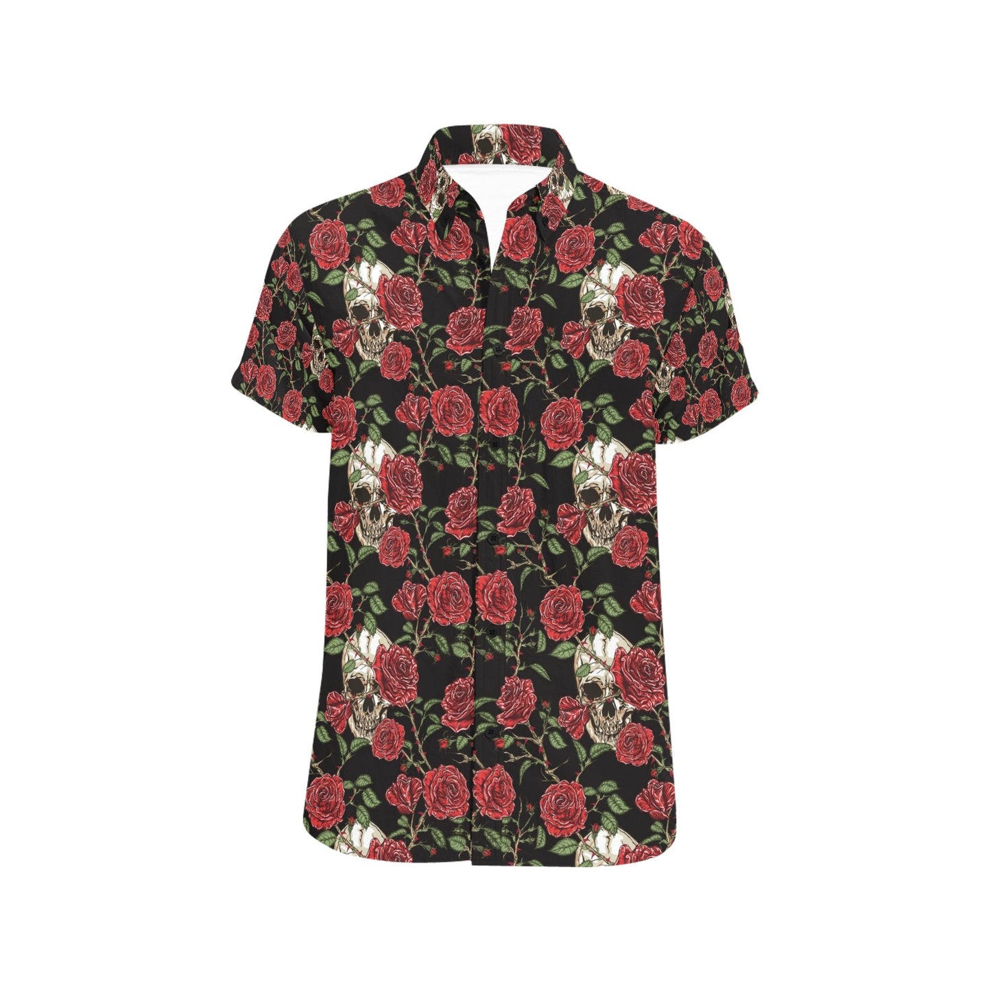 Skull And Roses Print Design LKS303 Men Short Sleeve Button Up Shirt