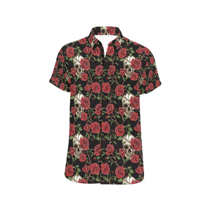 Skull And Roses Print Design LKS303 Men Short Sleeve Button Up Shirt